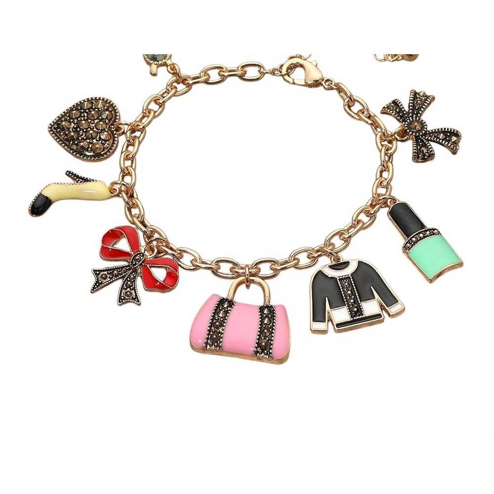 NEW WONA TRADING stone paved heart bow high heel bag lipstick charm station brac